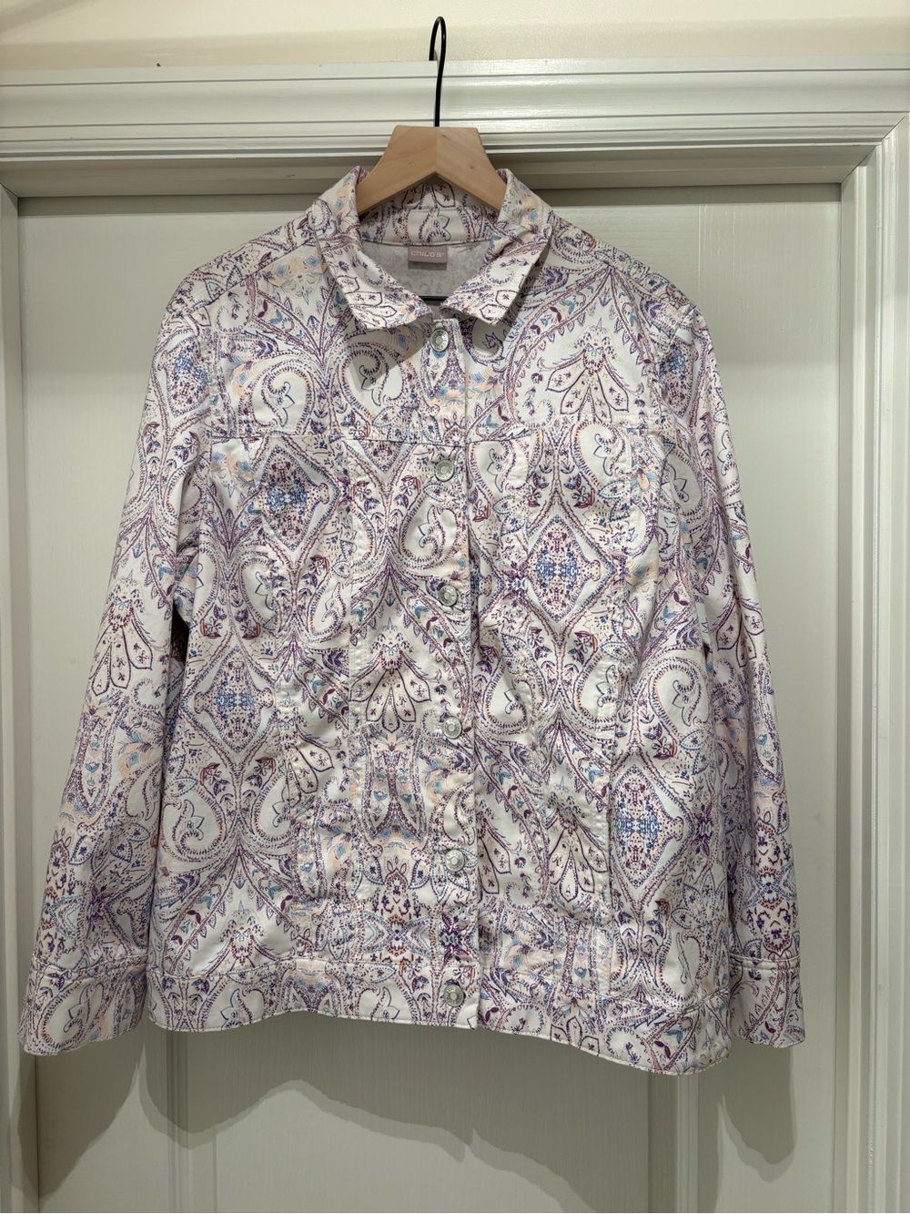 Women’s Chico’s paisley jacket 24” pit-to-pit and 27.5” length, estimated XL